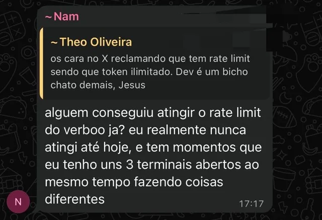 Membro contando que nunca bateu no rate limit nem com 3 terminais abertos